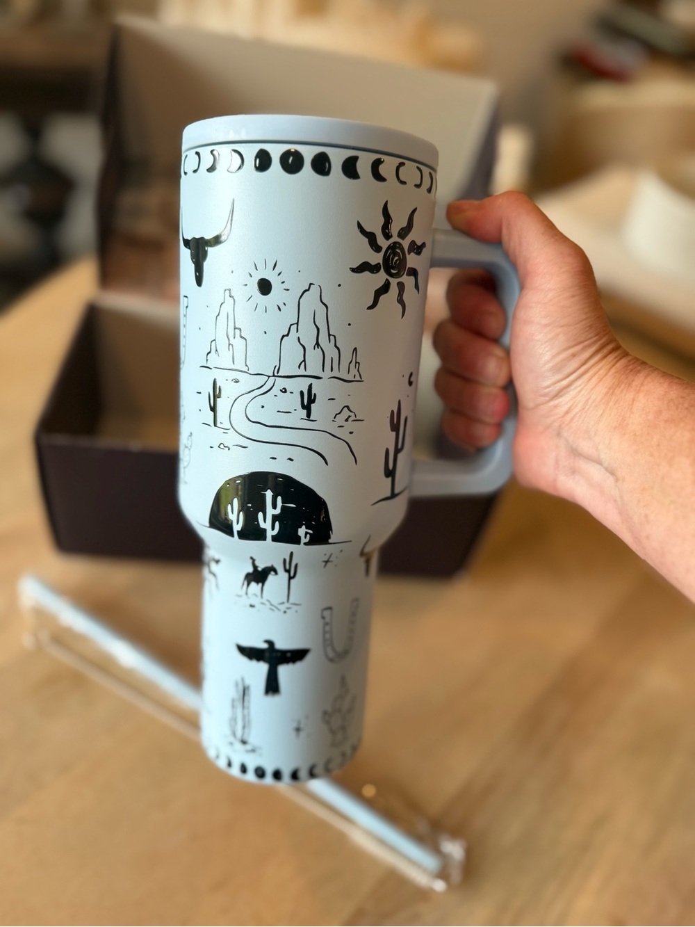 NEW Dani Morgan Boutique Insulated Light Blue Travel Tumbler with Desert Graphic